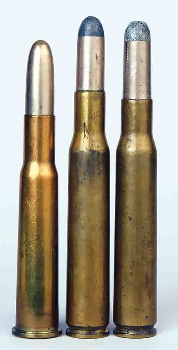 A military 30 Army (.30-40 Krag) is on the left. A civilian 30-03 is in the center and a civilian 30-06 is on the right. Note that the 30-03 case neck was shortened .070 inch in developing the 30-06.